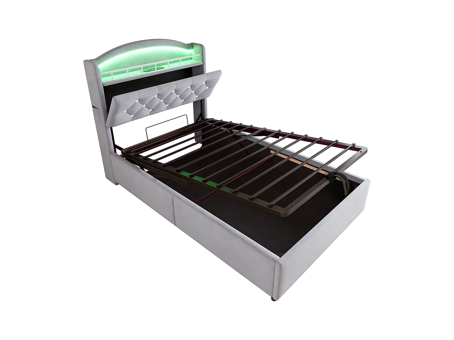 Lit coffre 90x200 cm avec LED et port USB, tête de lit coffre, velours gris - sans matelas