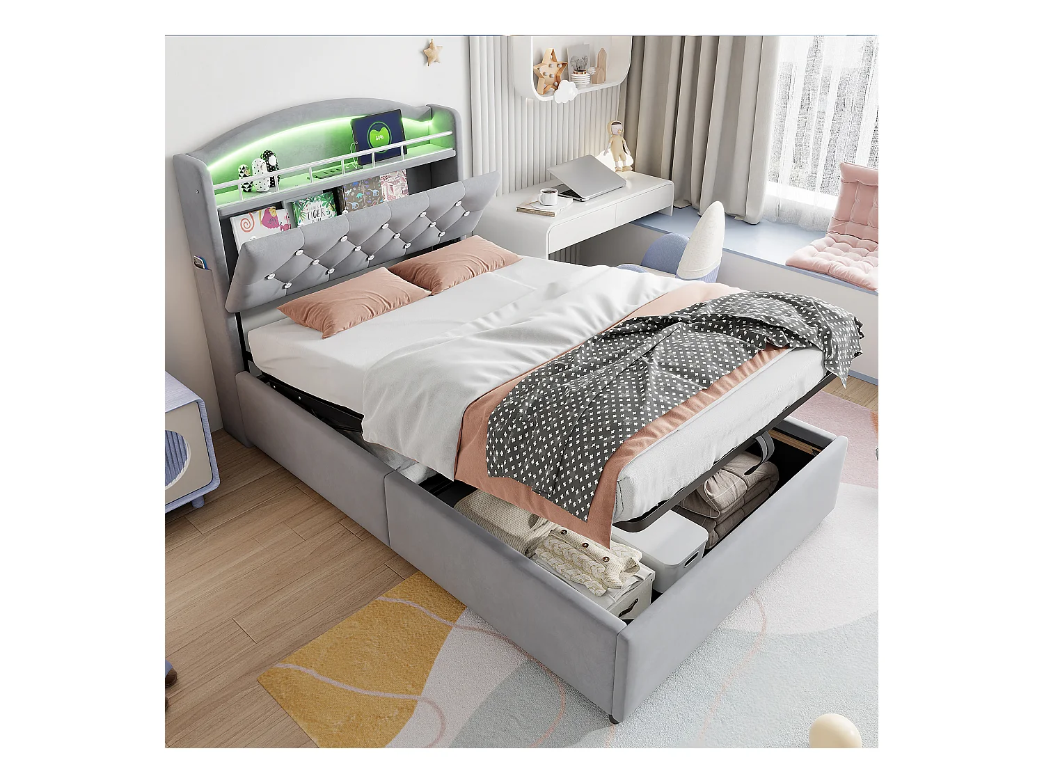 Lit coffre 90x200 cm avec LED et port USB, tête de lit coffre, velours gris - sans matelas