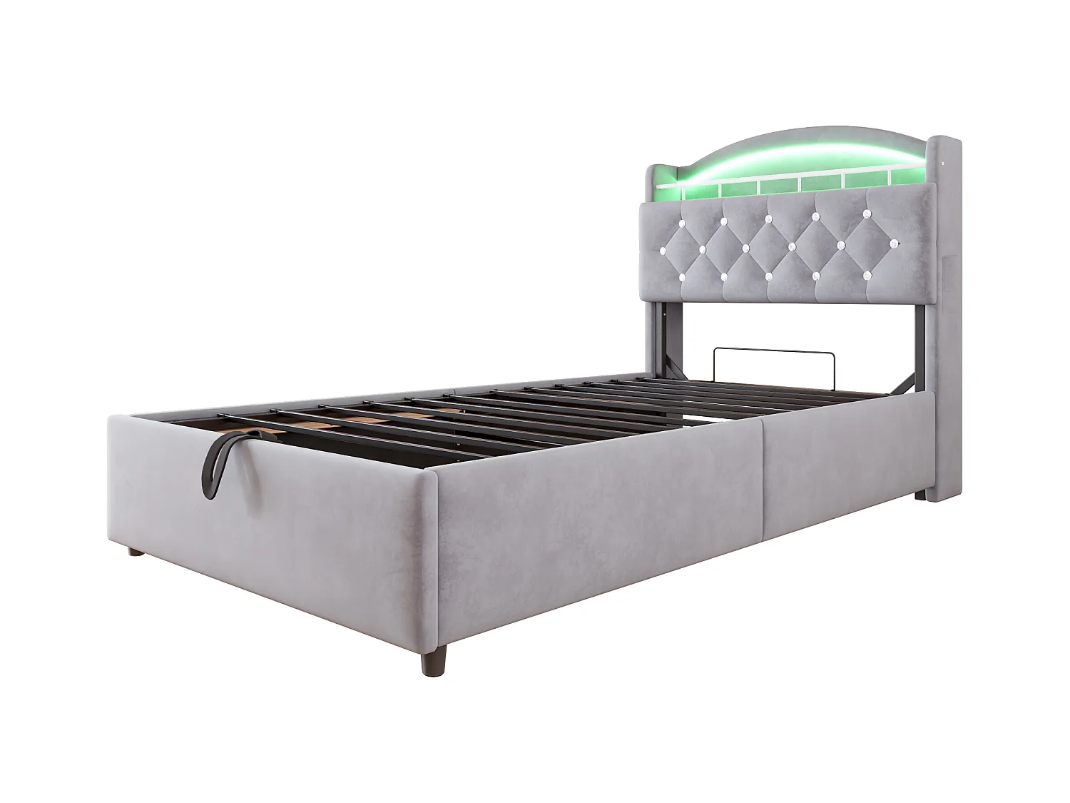 Bett mit Stauraum 90x200 cm mit LED und USB-Anschluss, Kopfteil mit Stauraum, graues Samt – ohne Matratze