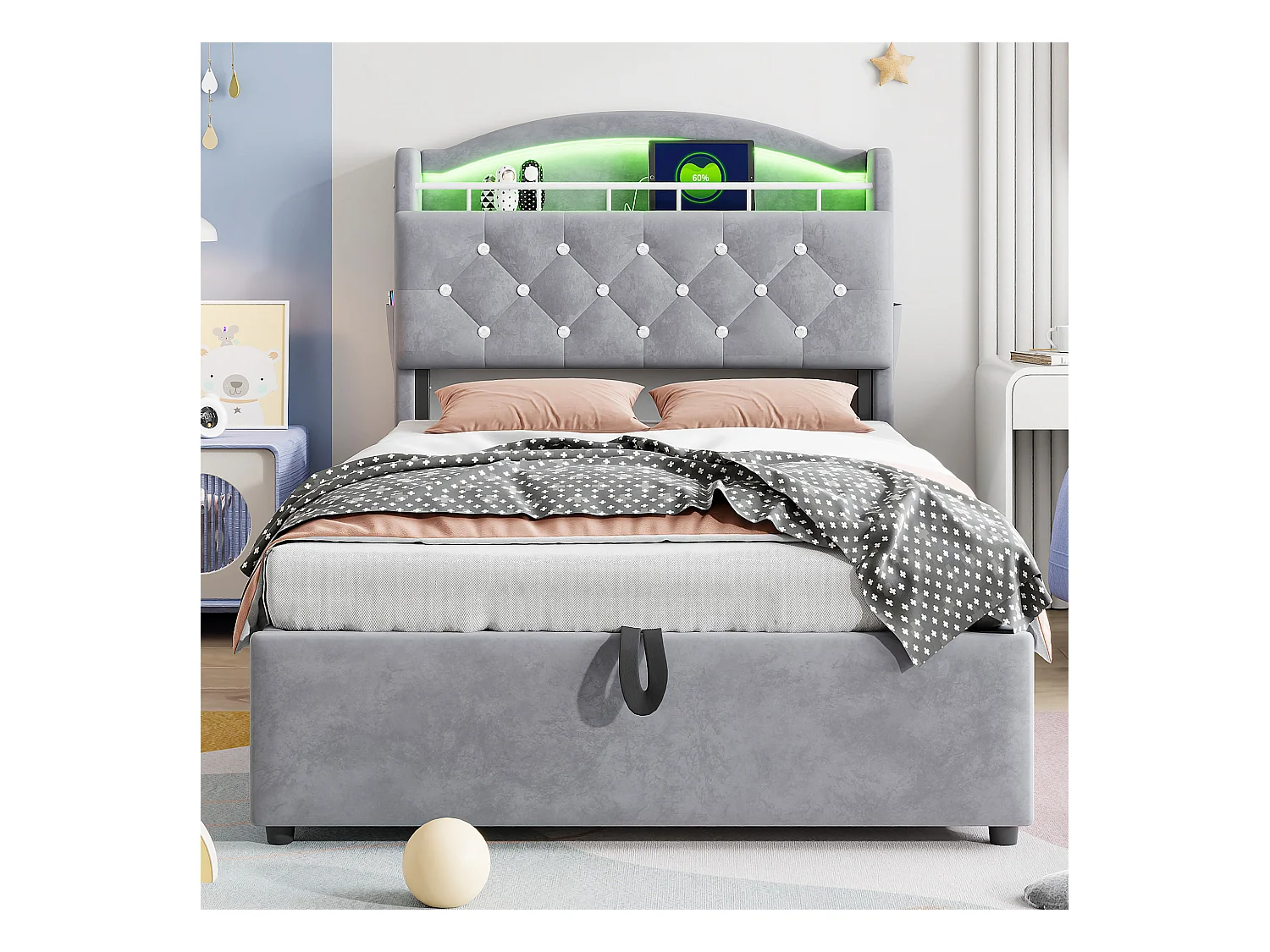 Bett mit Stauraum 90x200 cm mit LED und USB-Anschluss, Kopfteil mit Stauraum, graues Samt – ohne Matratze