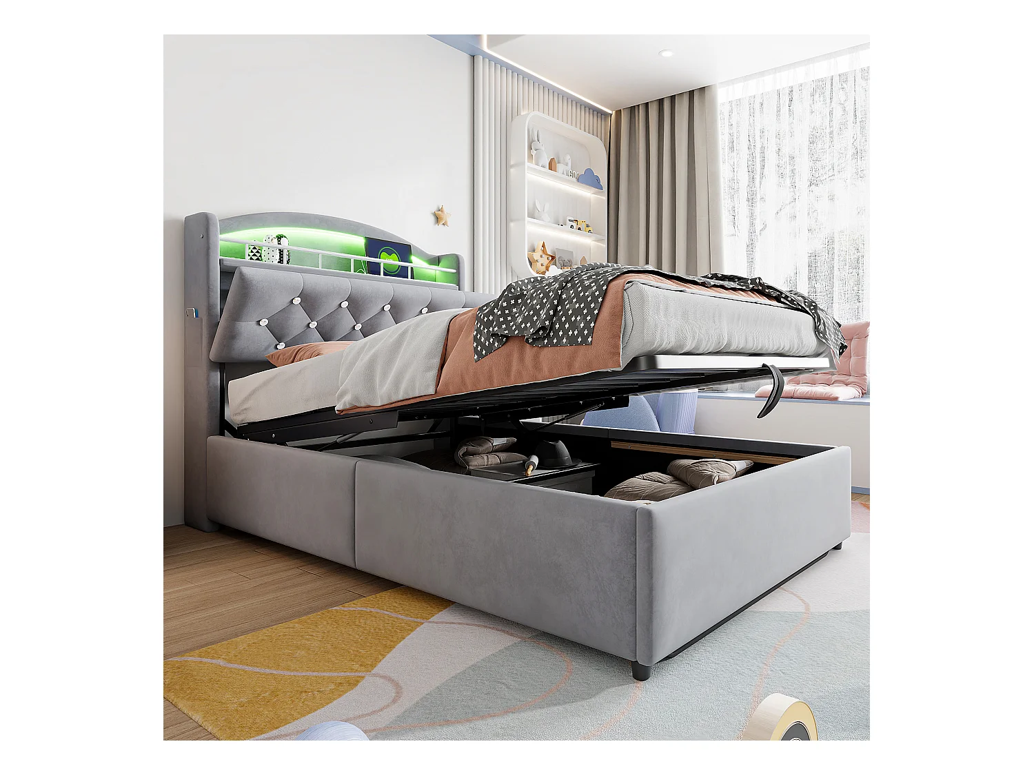 Bett mit Stauraum 90x200 cm mit LED und USB-Anschluss, Kopfteil mit Stauraum, graues Samt – ohne Matratze