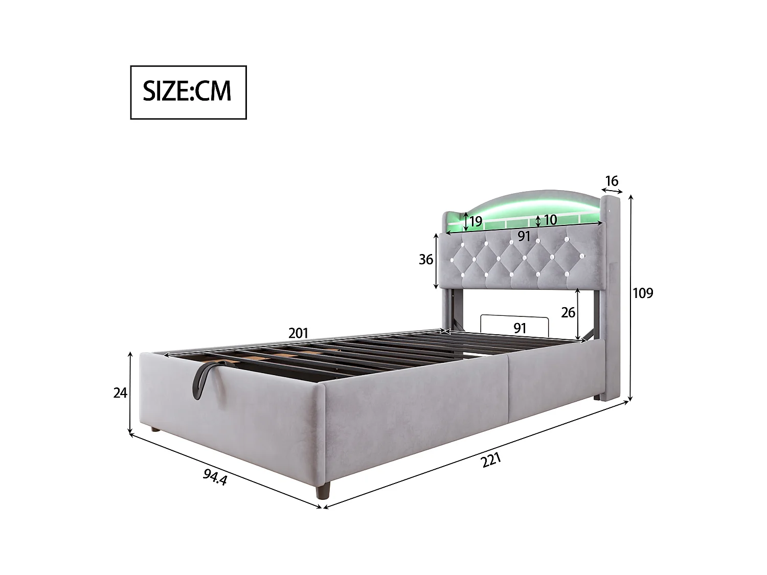 Bett mit Stauraum 90x200 cm mit LED und USB-Anschluss, Kopfteil mit Stauraum, graues Samt – ohne Matratze