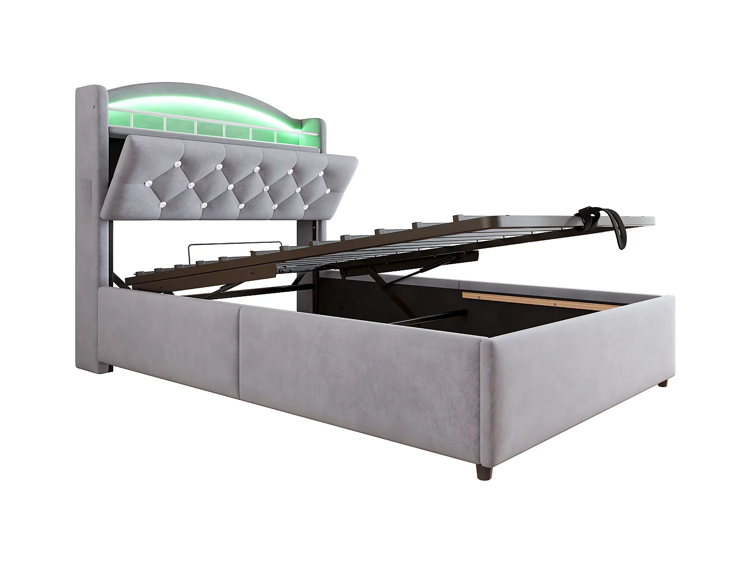 Bett mit Stauraum 90x200 cm mit LED und USB-Anschluss, Kopfteil mit Stauraum, graues Samt – ohne Matratze