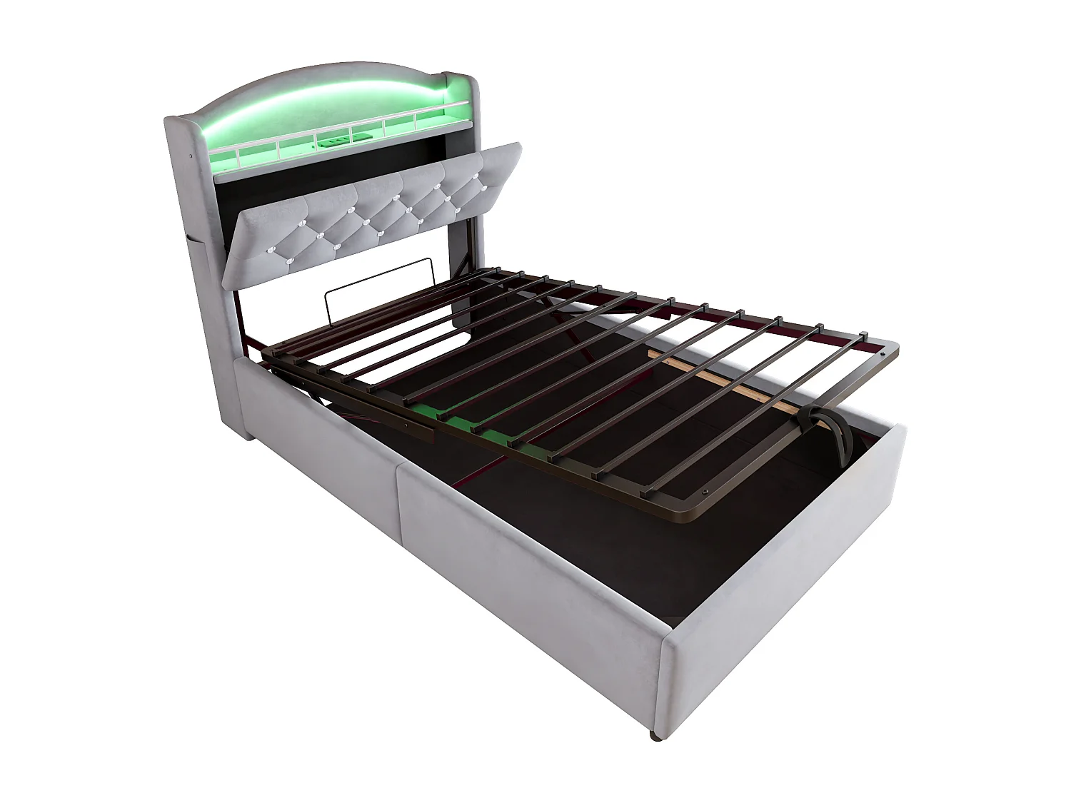 Bett mit Stauraum 90x200 cm mit LED und USB-Anschluss, Kopfteil mit Stauraum, graues Samt – ohne Matratze