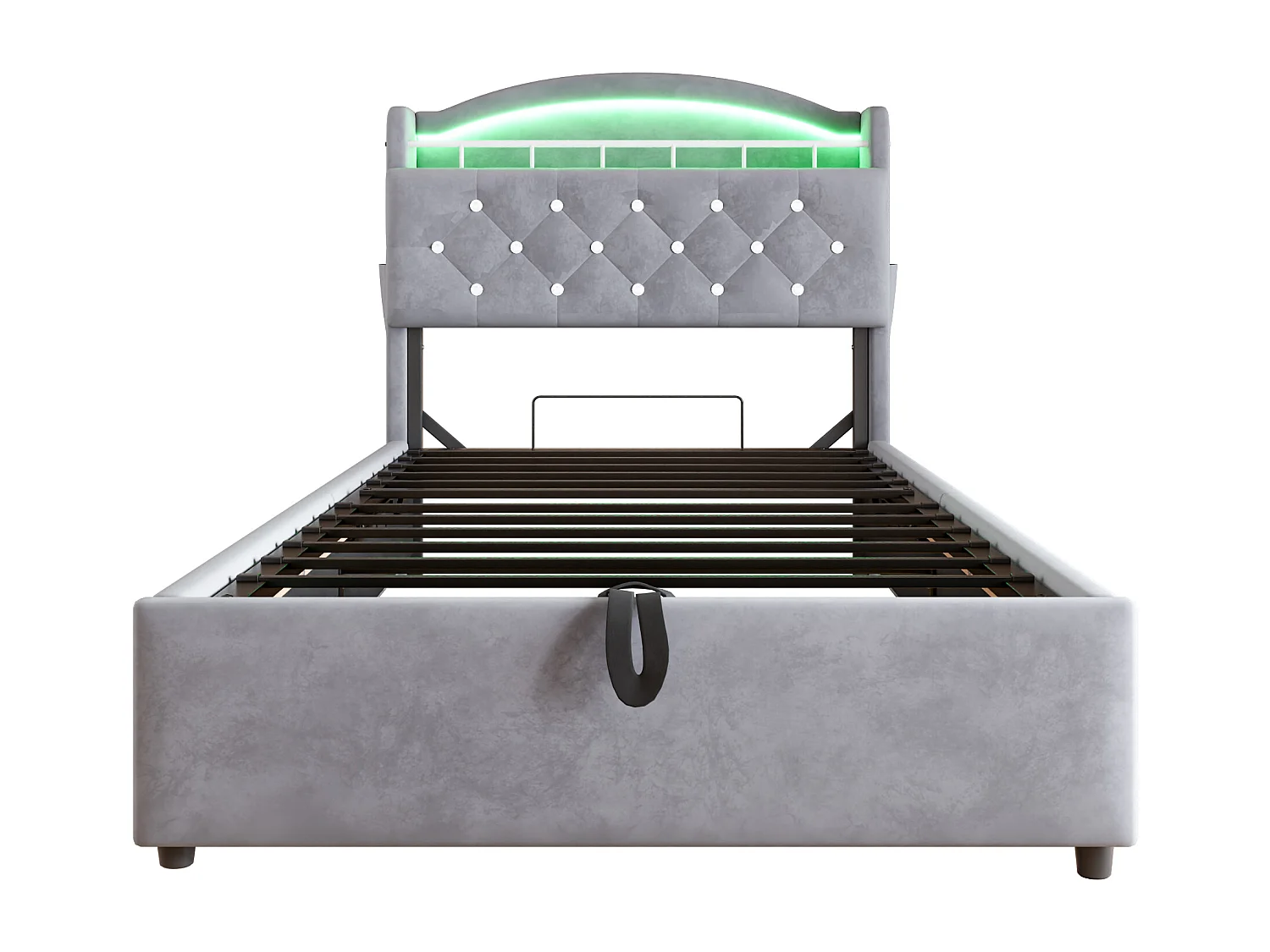 Bett mit Stauraum 90x200 cm mit LED und USB-Anschluss, Kopfteil mit Stauraum, graues Samt – ohne Matratze