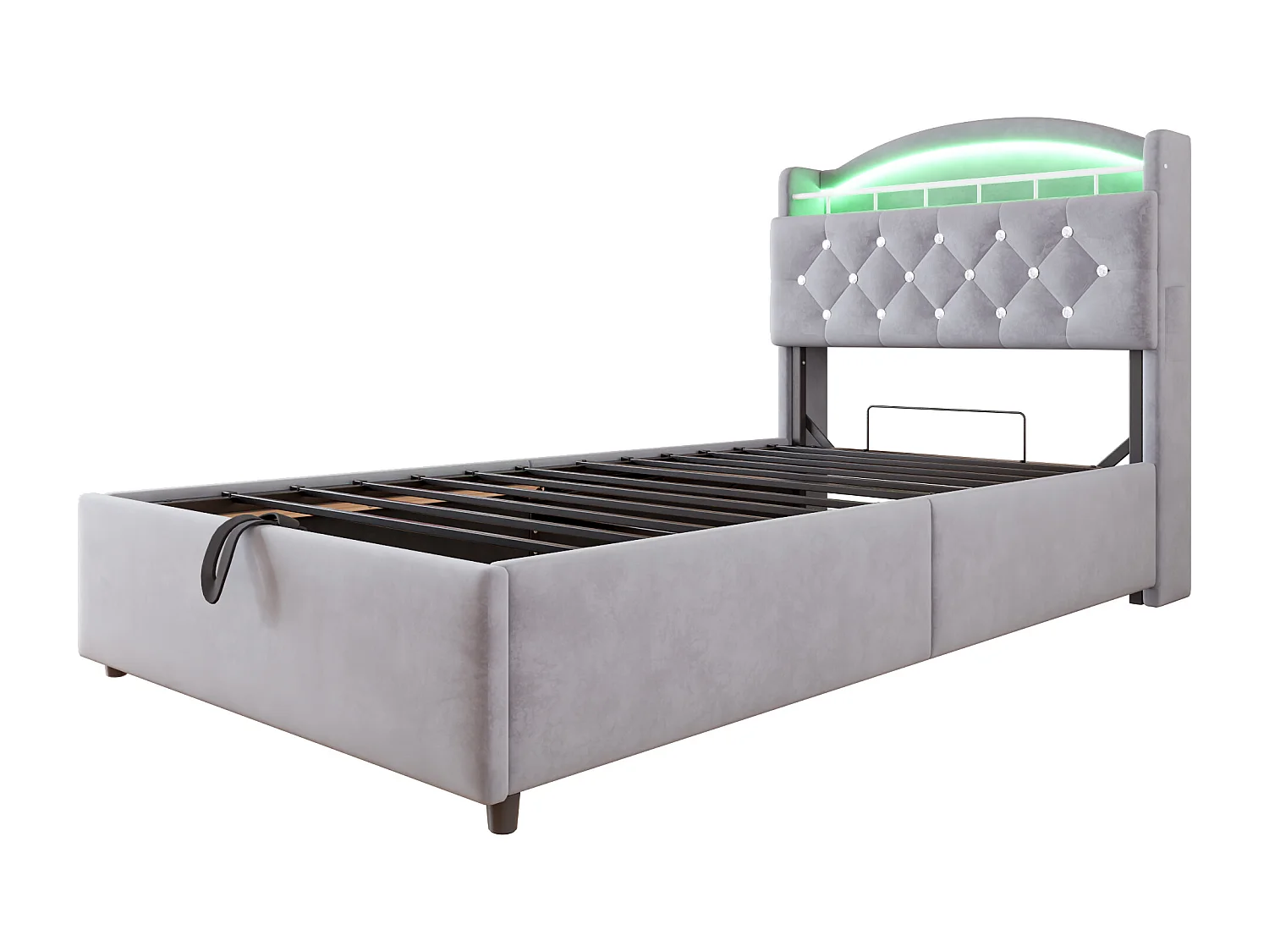 Bett mit Stauraum 90x200 cm mit LED und USB-Anschluss, Kopfteil mit Stauraum, graues Samt – ohne Matratze