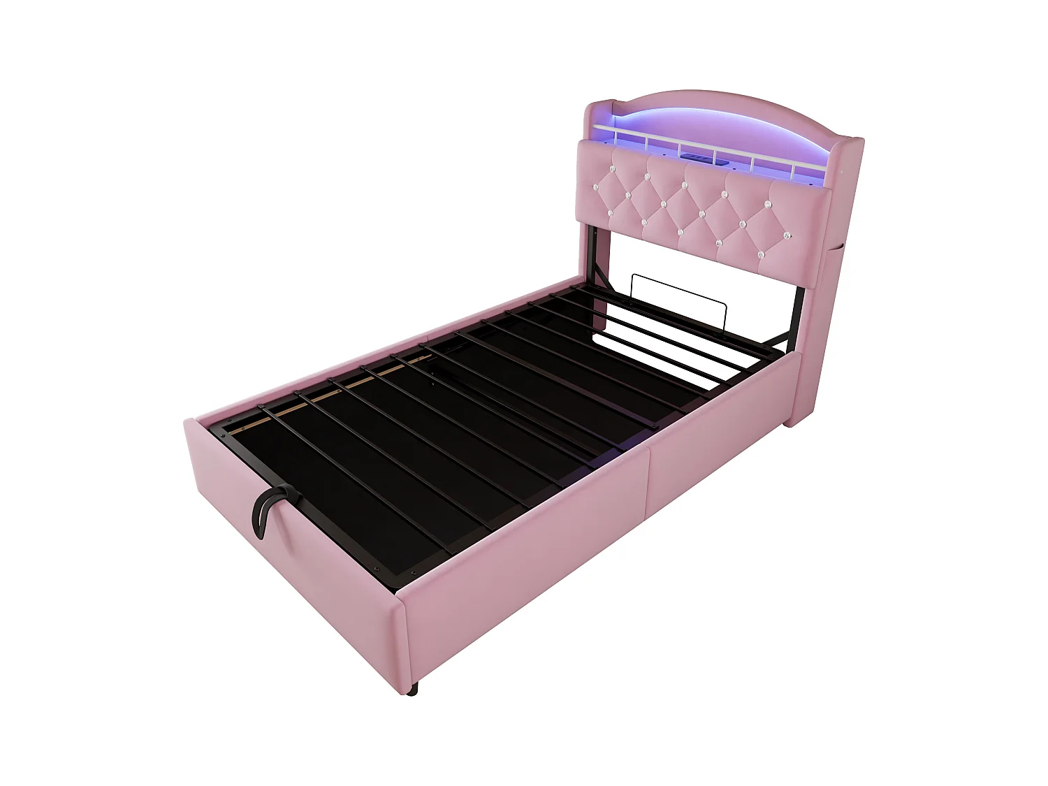 Bett mit Stauraum 90x200 cm mit LED und USB-Anschluss, Kopfteil mit Stauraum, rosa Samt – ohne Matratze