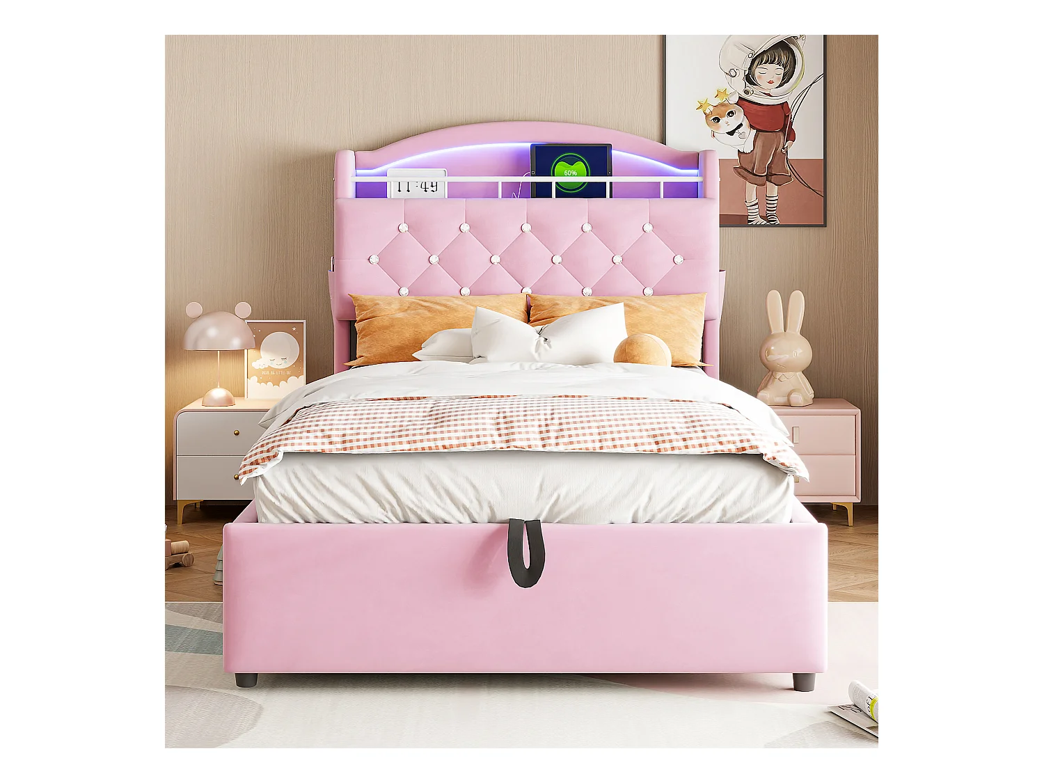 Bett mit Stauraum 90x200 cm mit LED und USB-Anschluss, Kopfteil mit Stauraum, rosa Samt – ohne Matratze