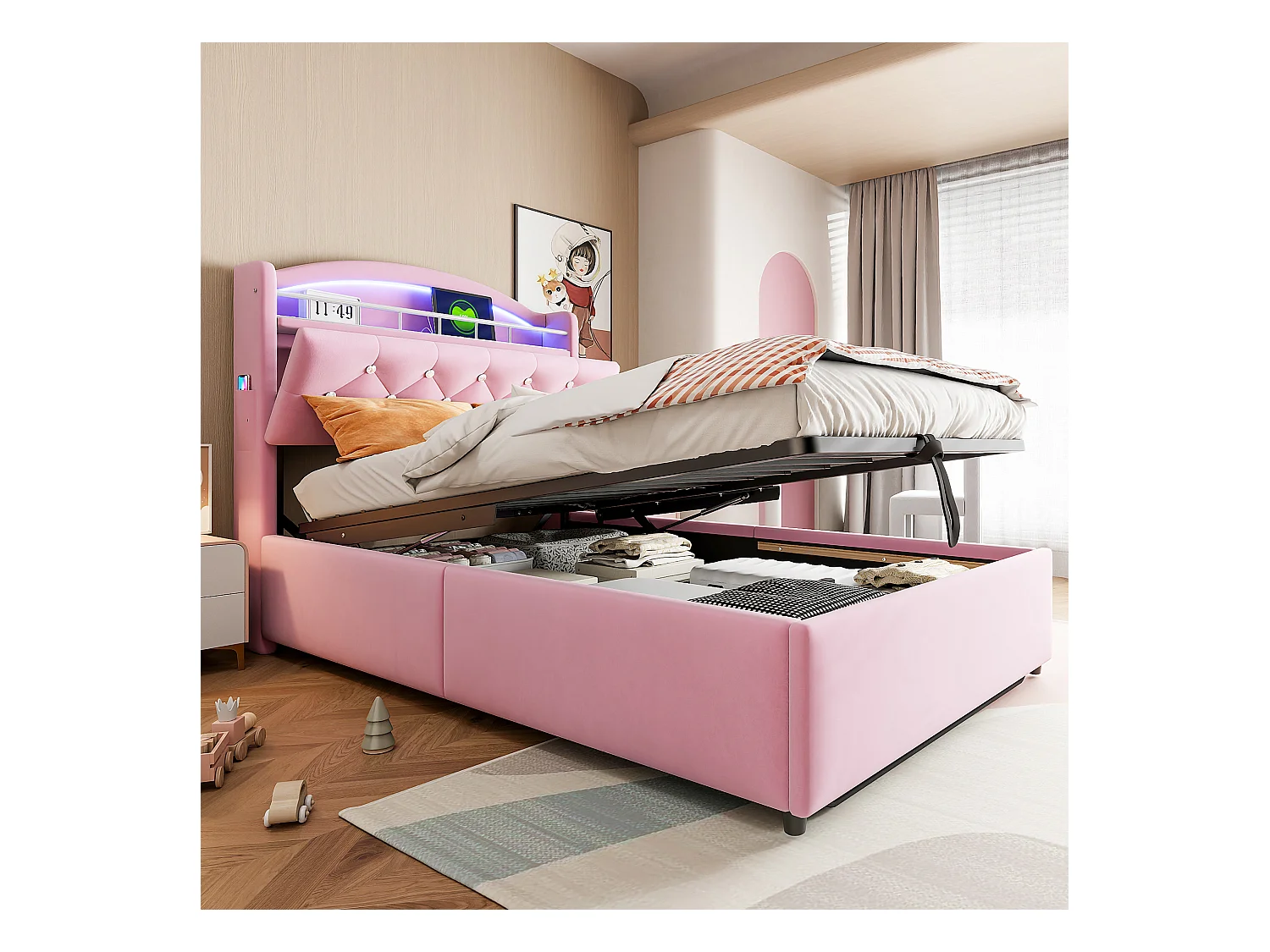 Bett mit Stauraum 90x200 cm mit LED und USB-Anschluss, Kopfteil mit Stauraum, rosa Samt – ohne Matratze