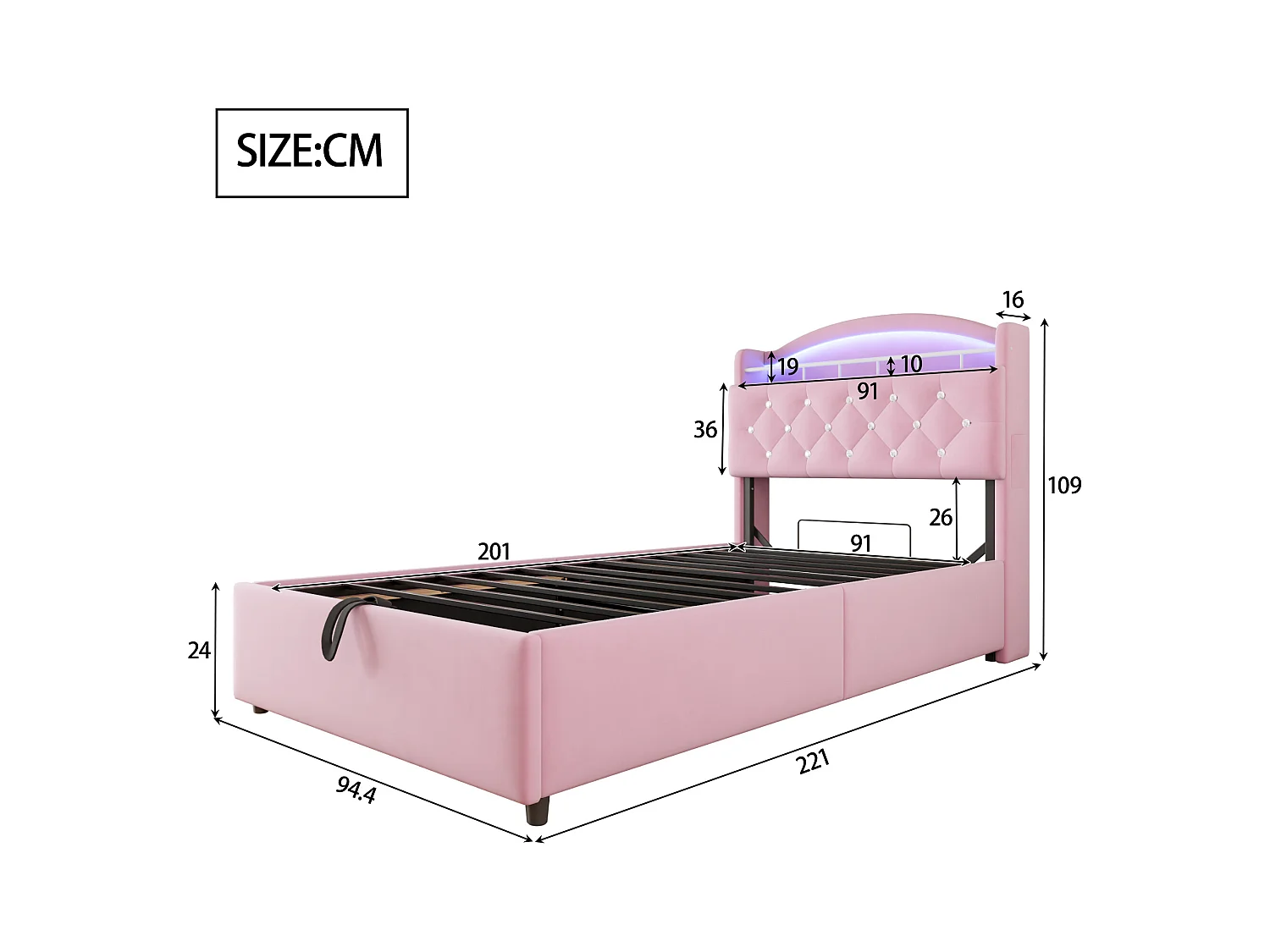 Bett mit Stauraum 90x200 cm mit LED und USB-Anschluss, Kopfteil mit Stauraum, rosa Samt – ohne Matratze