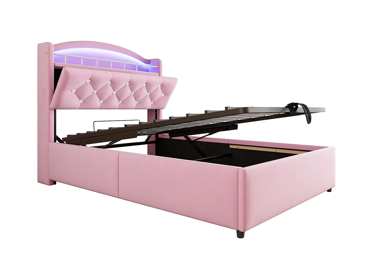 Bett mit Stauraum 90x200 cm mit LED und USB-Anschluss, Kopfteil mit Stauraum, rosa Samt – ohne Matratze