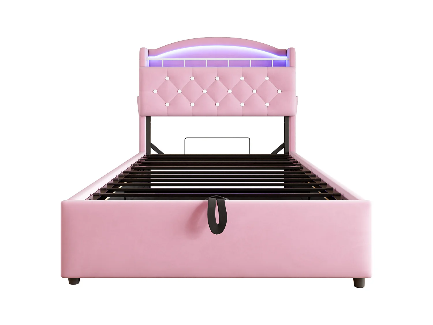 Bett mit Stauraum 90x200 cm mit LED und USB-Anschluss, Kopfteil mit Stauraum, rosa Samt – ohne Matratze
