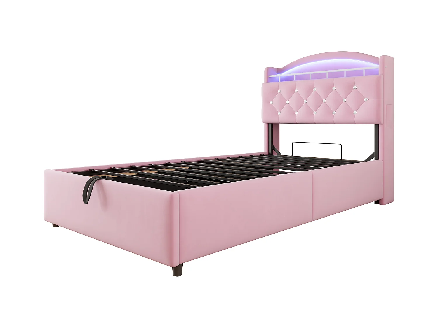 Bett mit Stauraum 90x200 cm mit LED und USB-Anschluss, Kopfteil mit Stauraum, rosa Samt – ohne Matratze