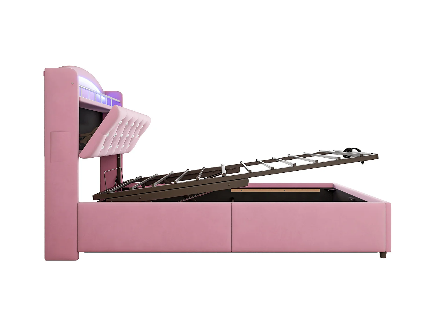 Bett mit Stauraum 90x200 cm mit LED und USB-Anschluss, Kopfteil mit Stauraum, rosa Samt – ohne Matratze