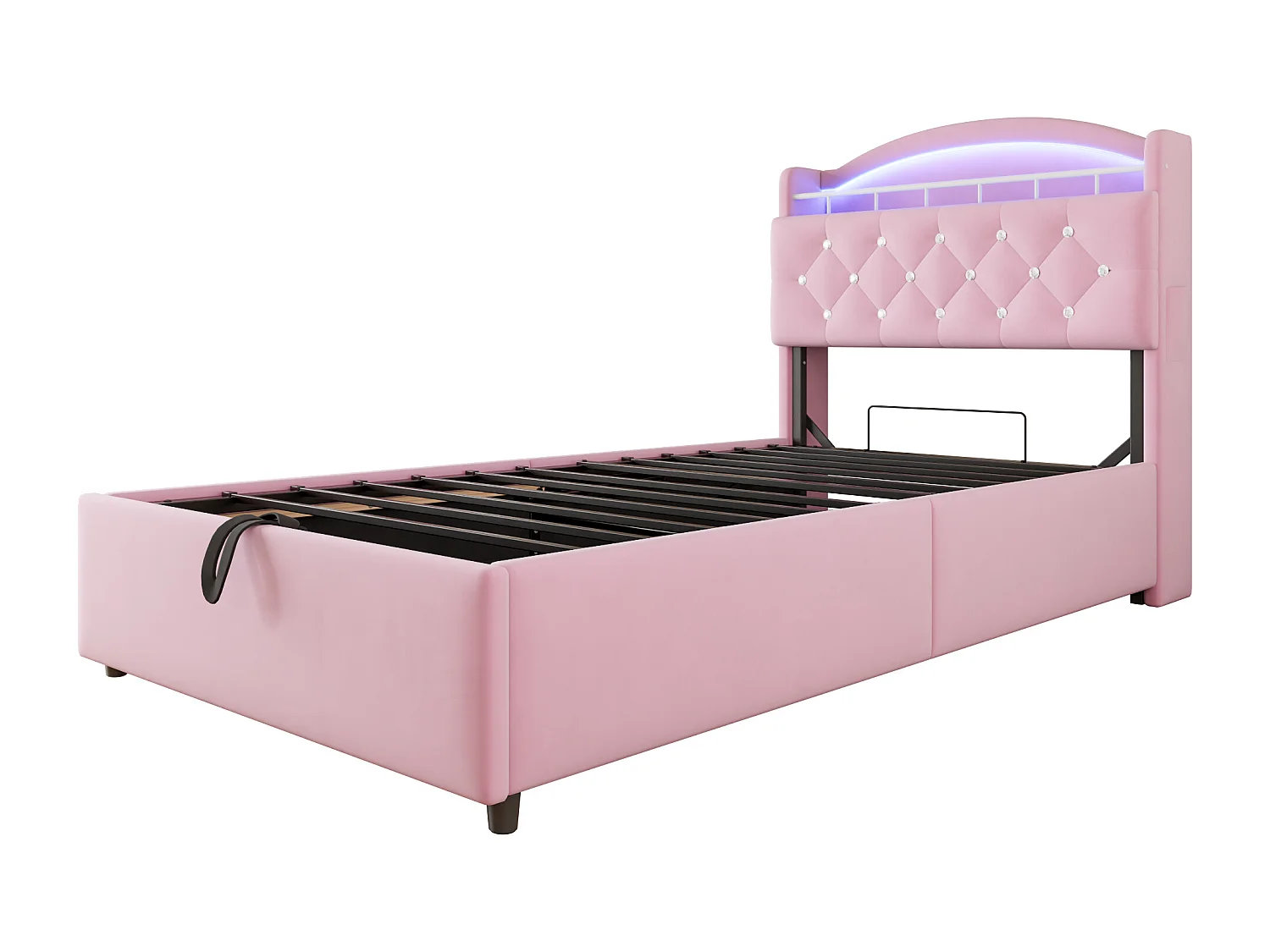 Lit coffre 90x200 cm avec LED et port USB, tête de lit coffre, velours rose - sans matelas