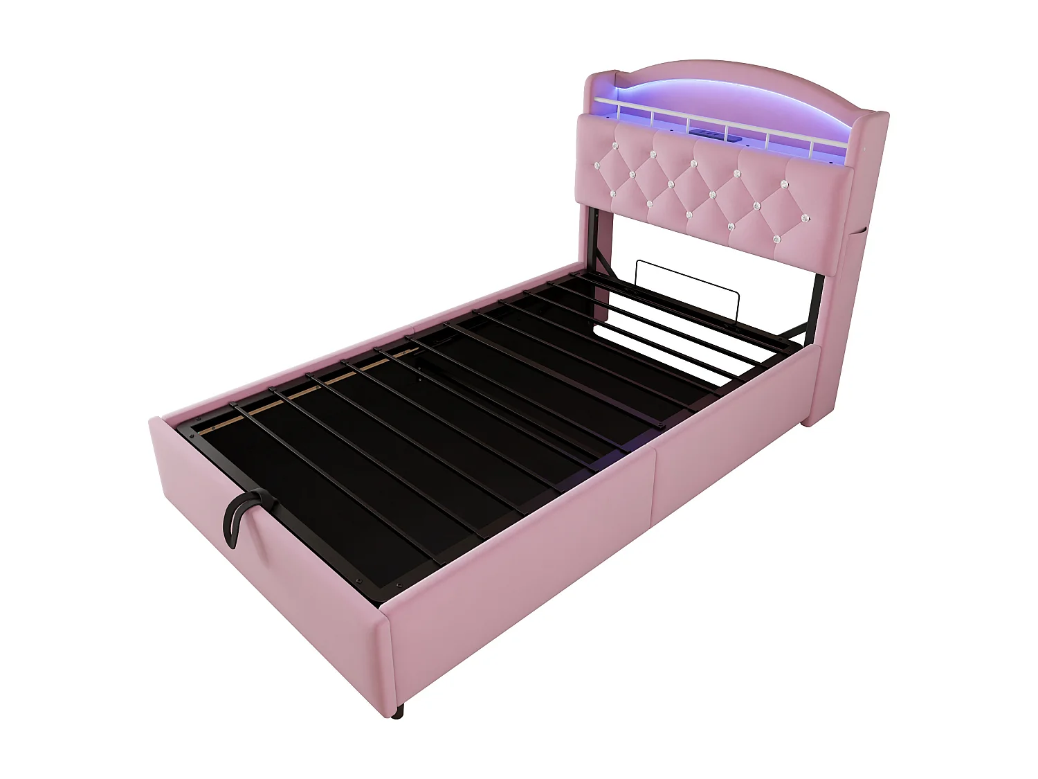 Lit coffre 90x200 cm avec LED et port USB, tête de lit coffre, velours rose - sans matelas