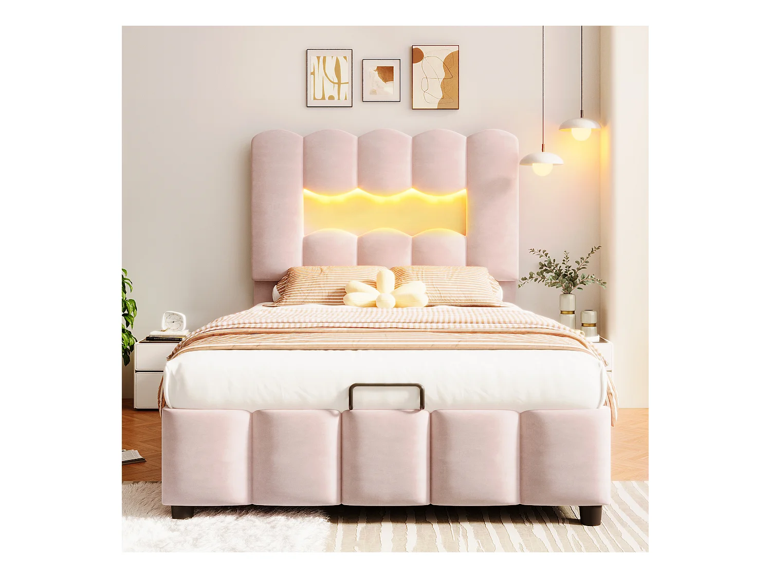 Cama con almacenamiento 90x200 cm con iluminación LED y cabecero ajustable, terciopelo rosa - sin colchón