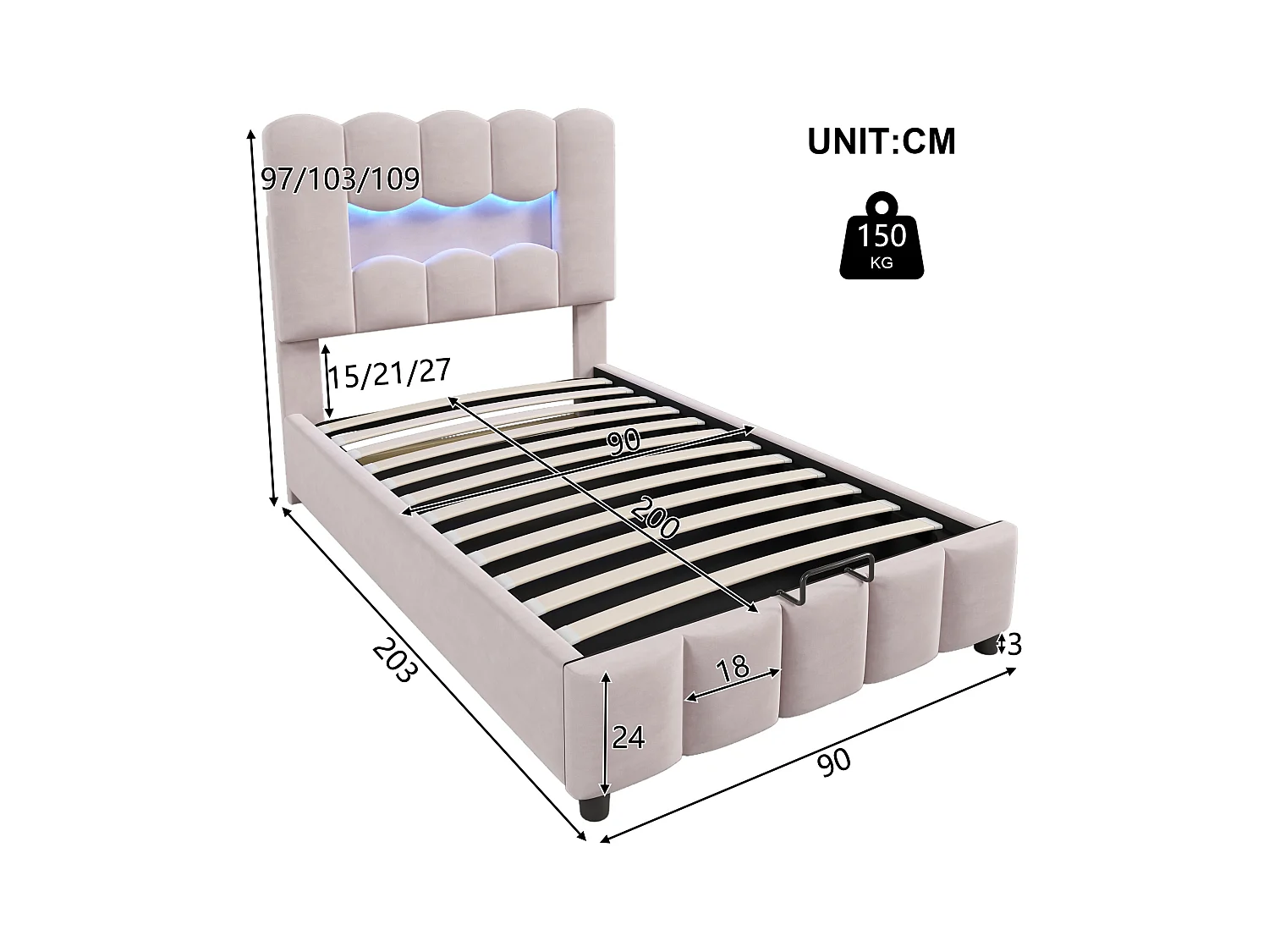 Cama con almacenamiento 90x200 cm con iluminación LED y cabecero ajustable, terciopelo rosa - sin colchón