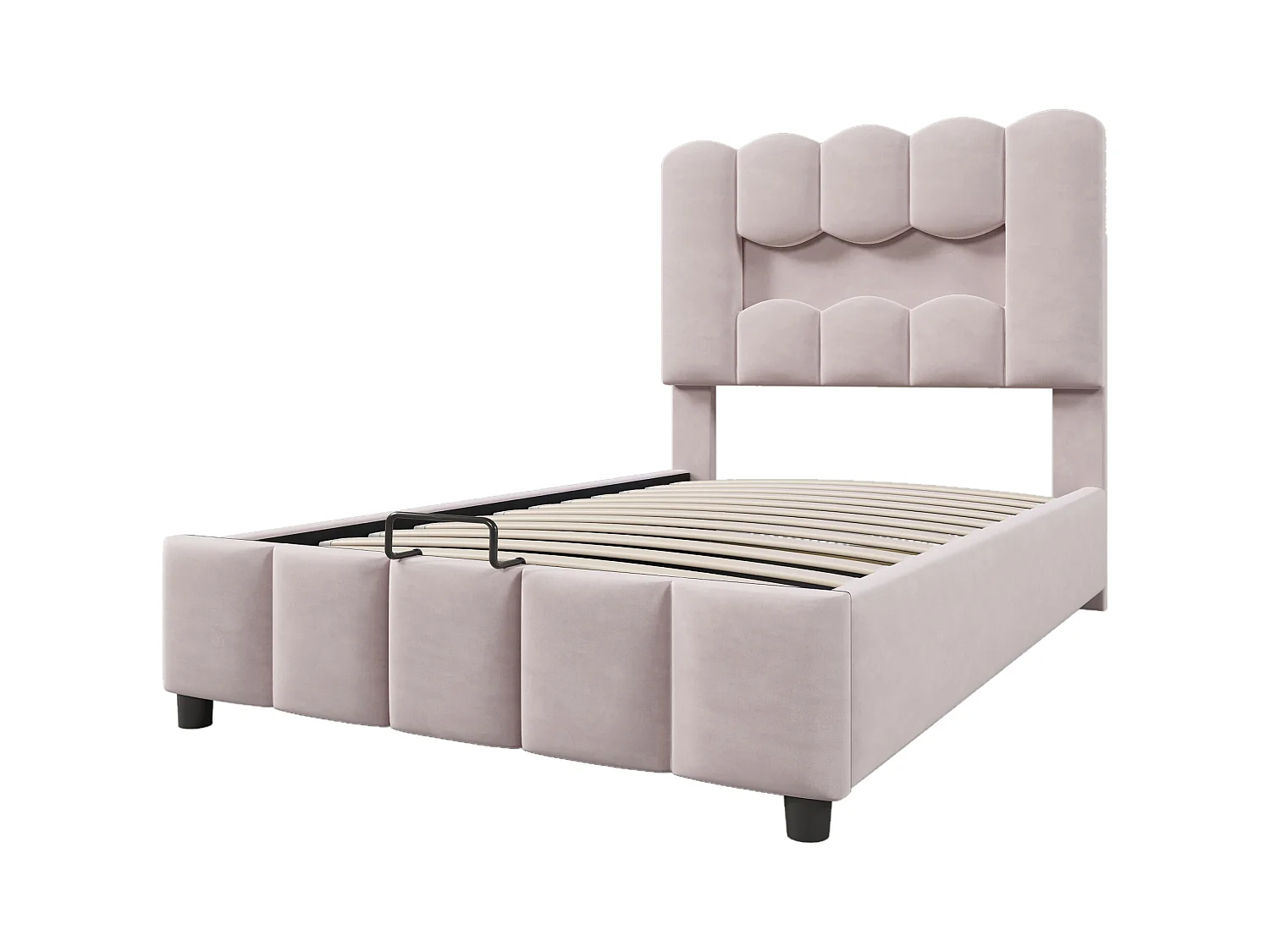 Cama con almacenamiento 90x200 cm con iluminación LED y cabecero ajustable, terciopelo rosa - sin colchón