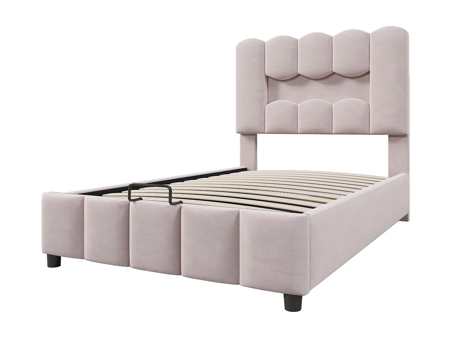 Lit coffre simple 90x200 cm avec éclairage LED et tête de lit réglable, velours rose - sans matelas