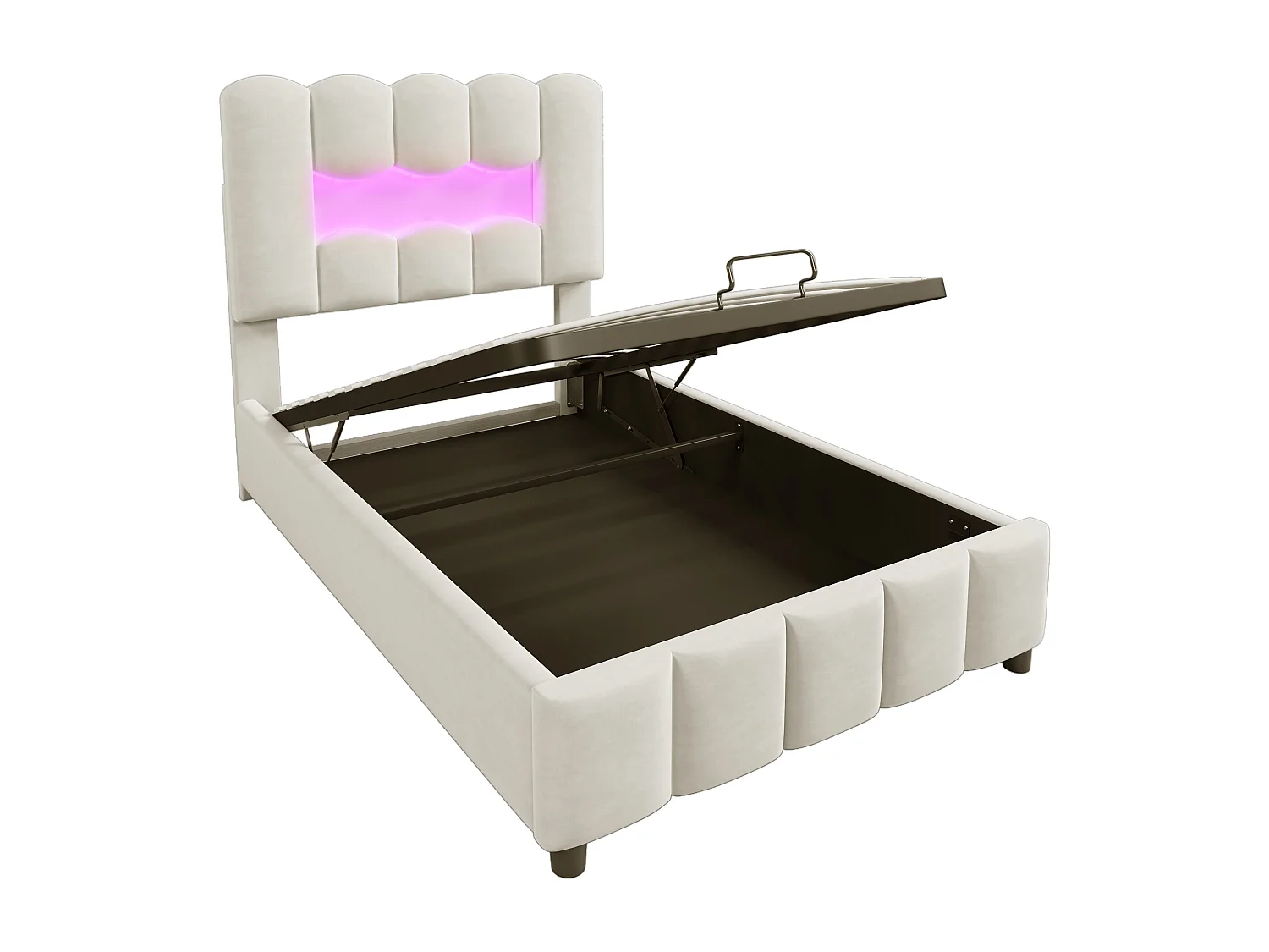 Lit coffre simple 90x200 cm avec éclairage LED et tête de lit réglable, velours beige - sans matelas