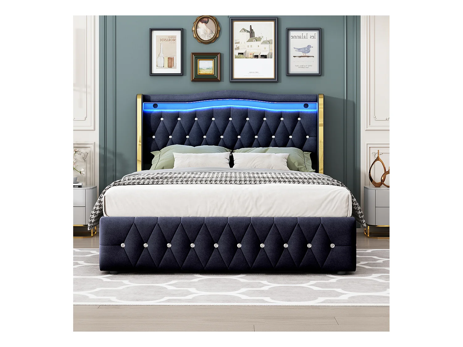 Lit coffre 140x200 cm avec tête de lit décorée de strass et éclairage LED, velours noir - sans matelas