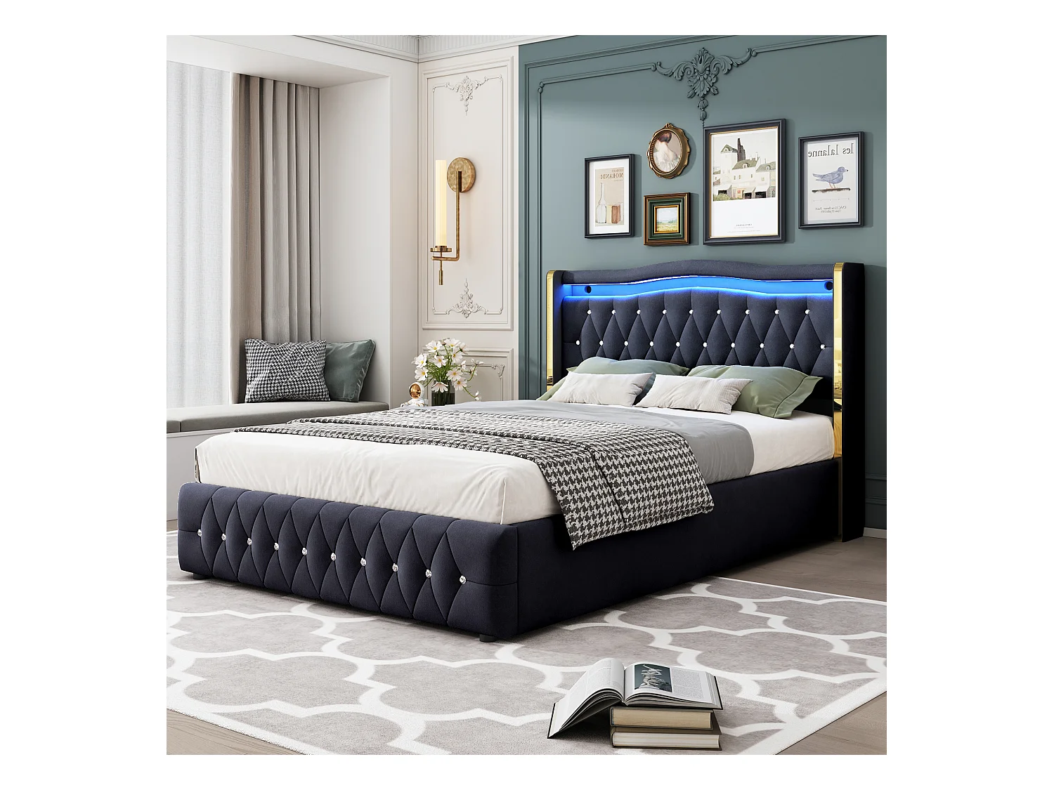 Lit coffre 140x200 cm avec tête de lit décorée de strass et éclairage LED, velours noir - sans matelas