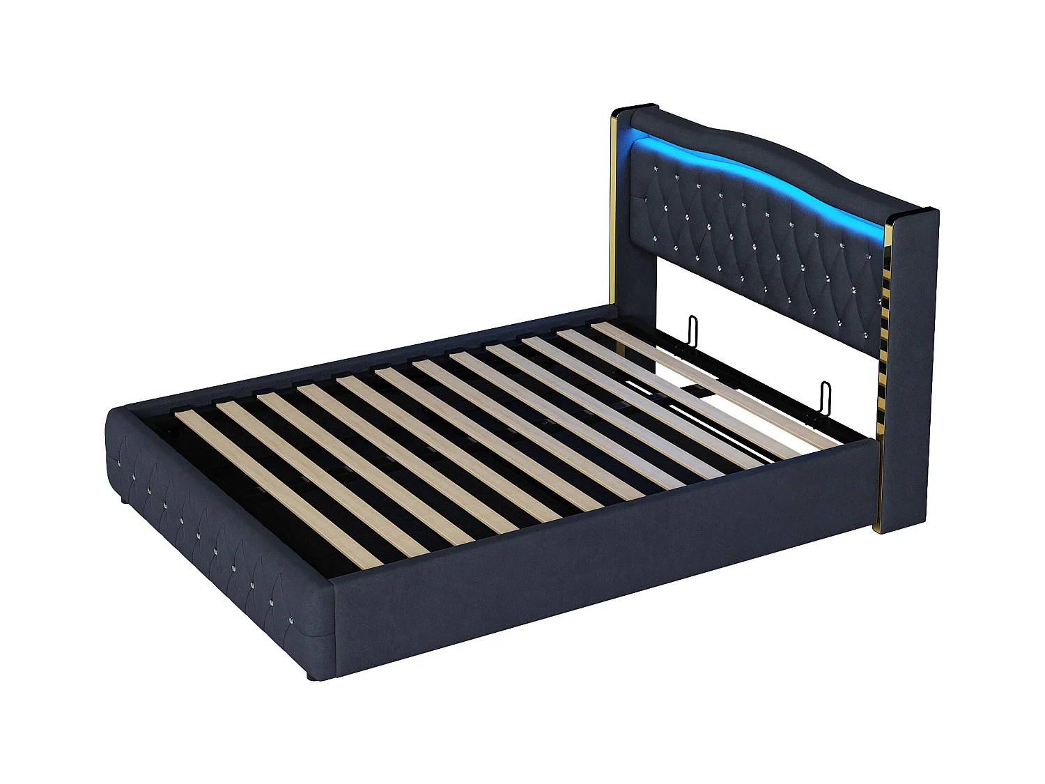 Lit coffre 140x200 cm avec tête de lit décorée de strass et éclairage LED, velours noir - sans matelas