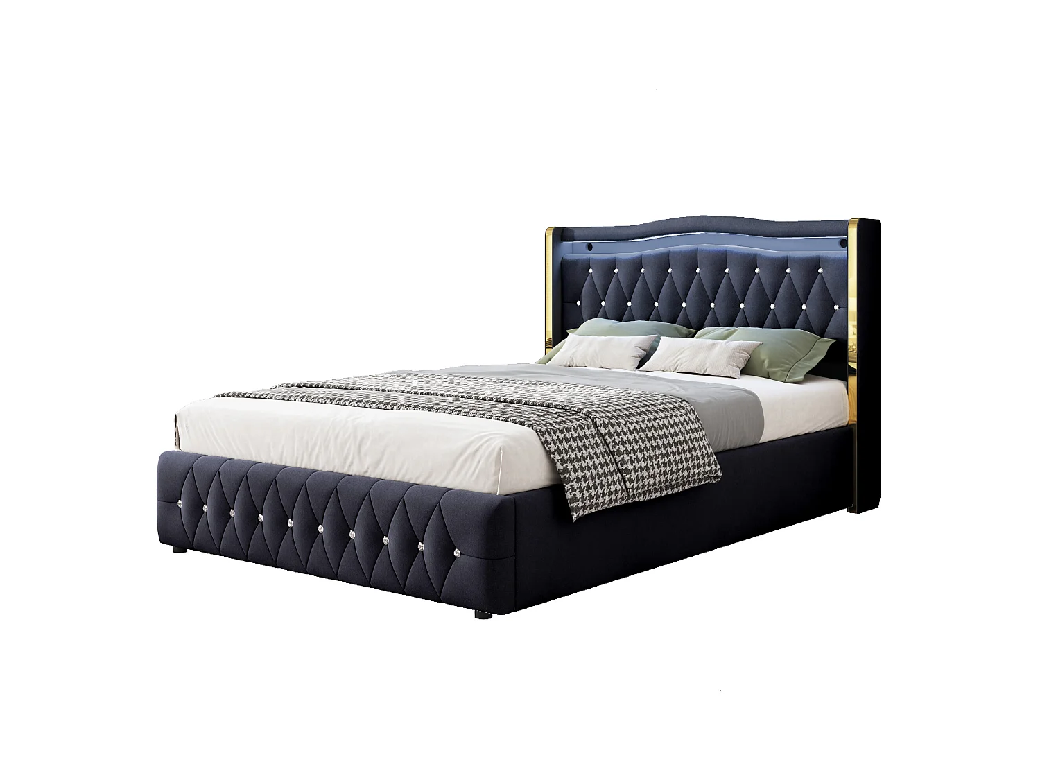 Stauraumbett 140x200 cm mit Kopfteil verziert mit Strass und LED-Beleuchtung, Samt Schwarz - ohne Matratze