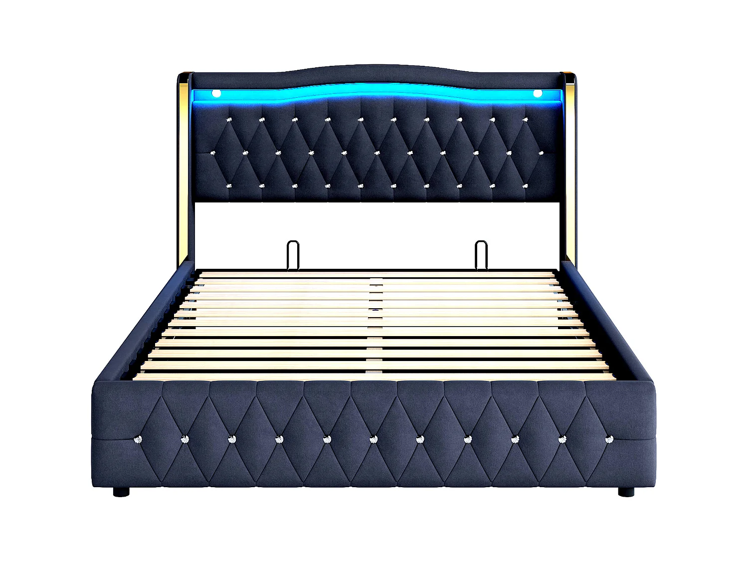 Stauraumbett 140x200 cm mit Kopfteil verziert mit Strass und LED-Beleuchtung, Samt Schwarz - ohne Matratze