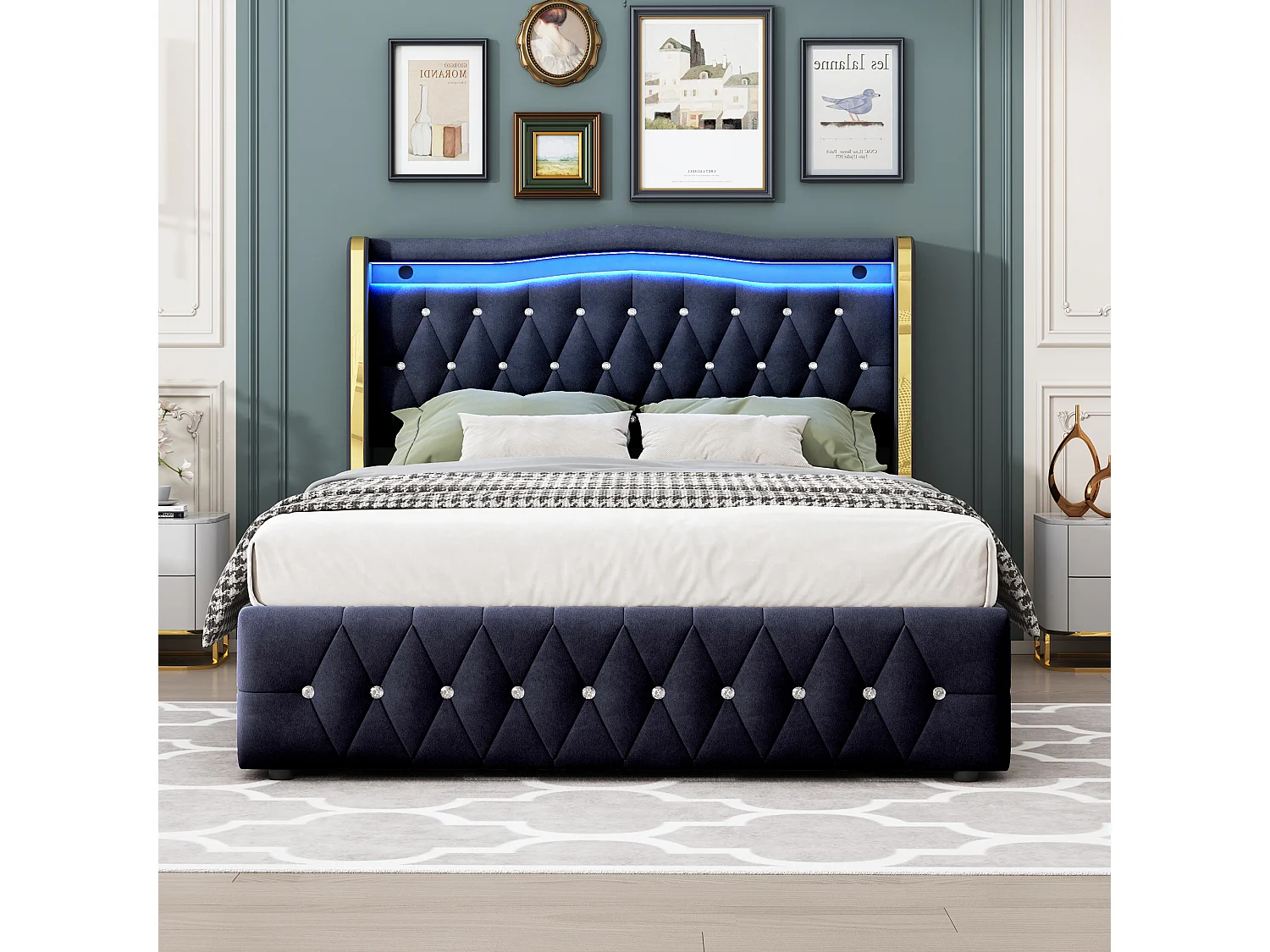 Lit coffre 140x200 cm avec tête de lit décorée de strass et éclairage LED, velours noir - sans matelas