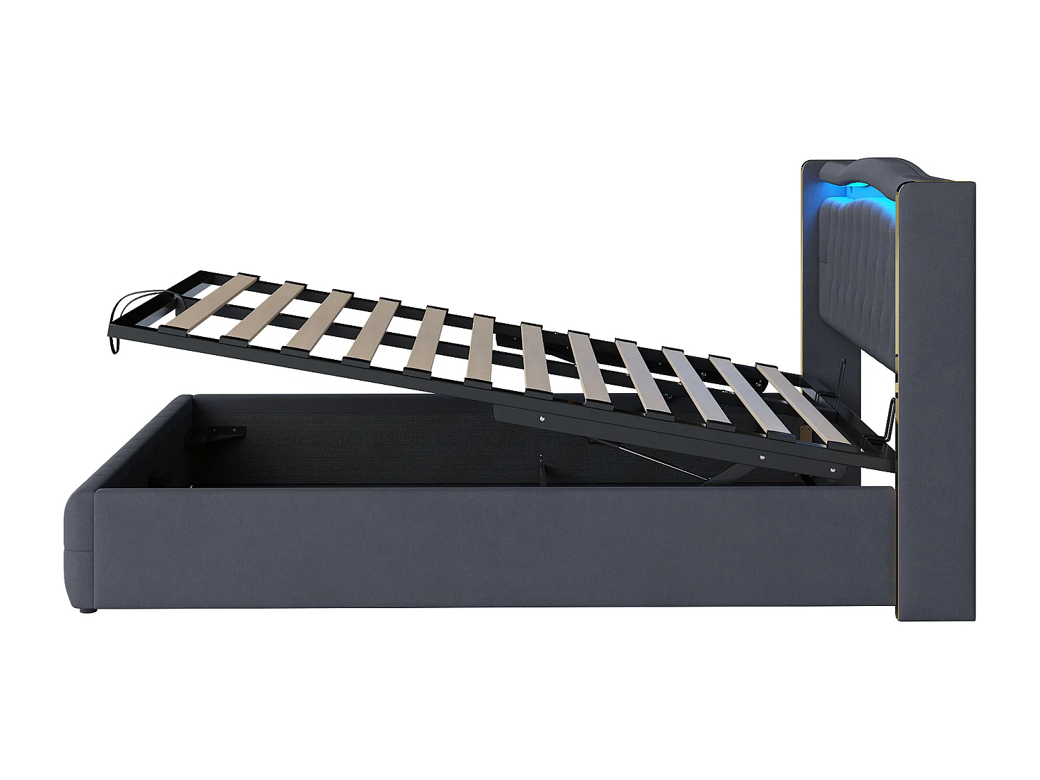 Lit coffre 140x200 cm avec tête de lit décorée de strass et éclairage LED, velours noir - sans matelas