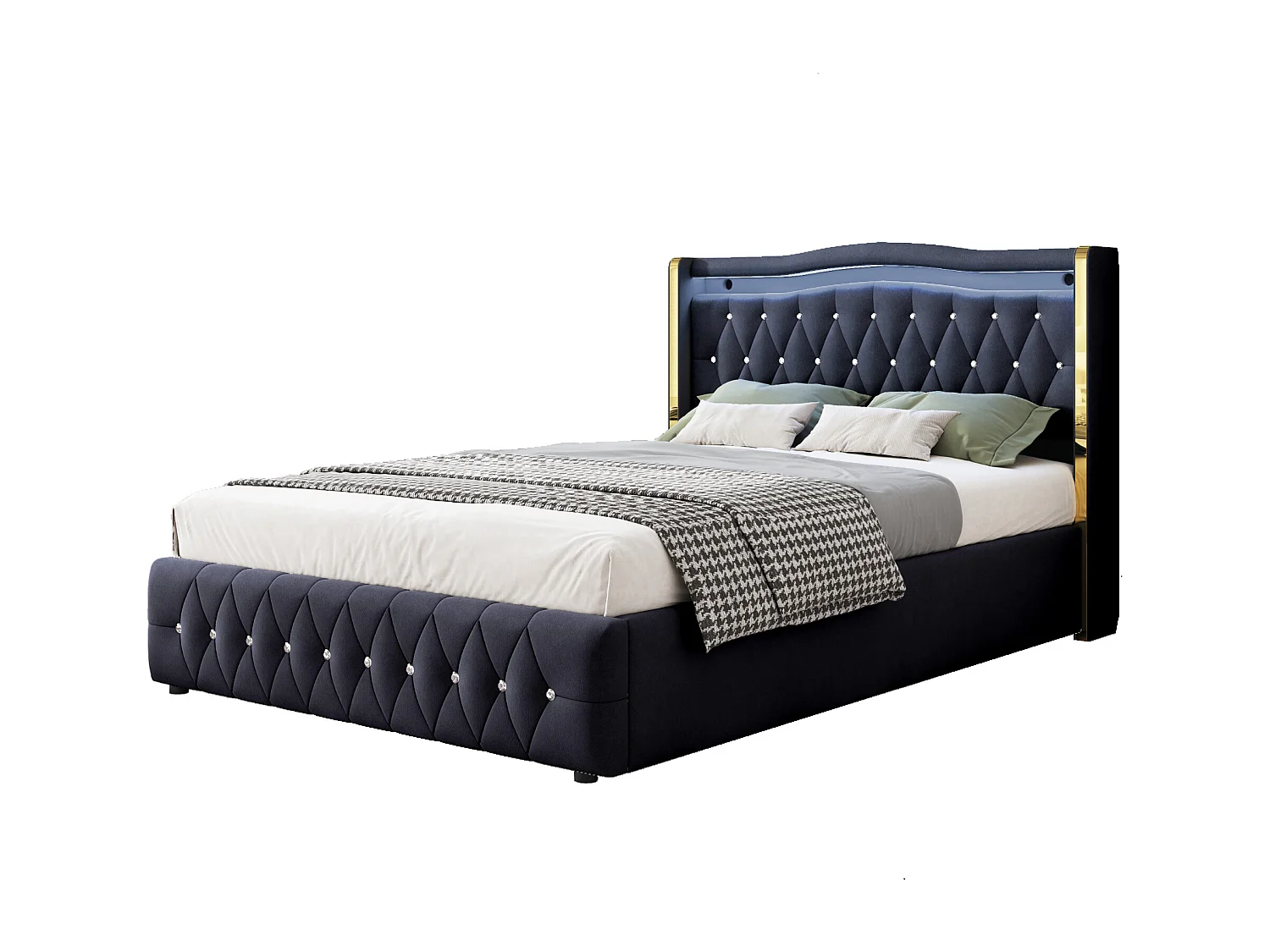 Lit coffre 140x200 cm avec tête de lit décorée de strass et éclairage LED, velours noir - sans matelas