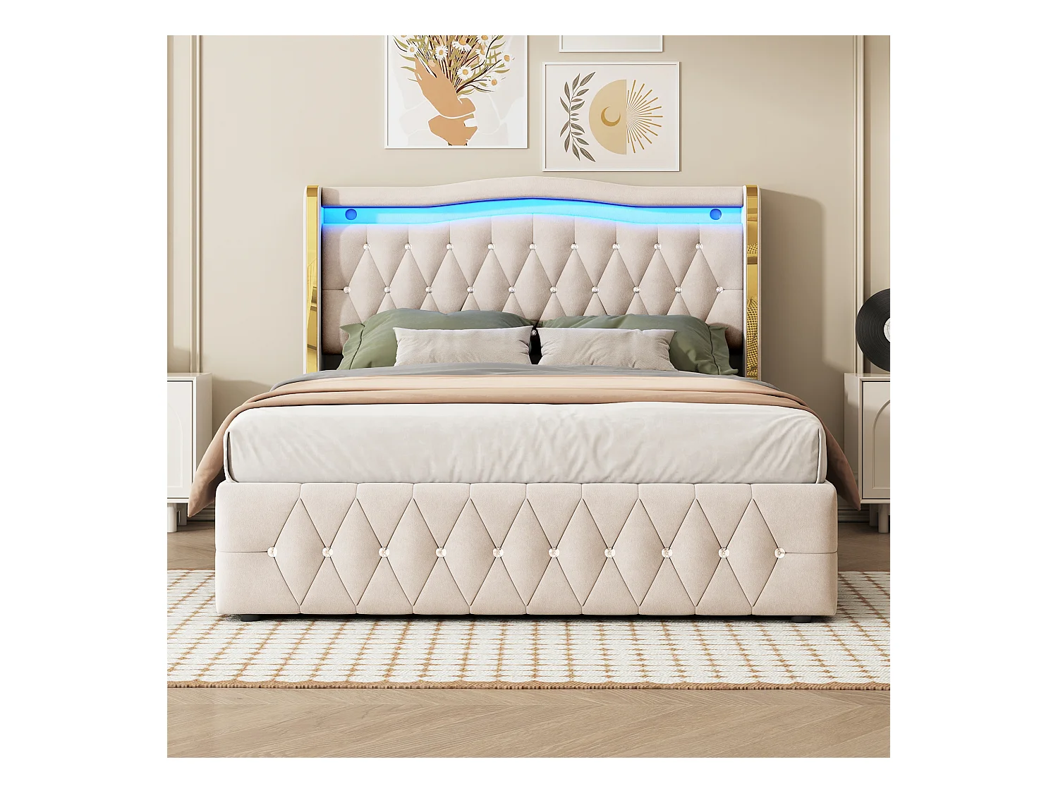 Lit coffre 140x200 cm avec tête de lit décorée de strass et éclairage LED, velours beige - sans matelas