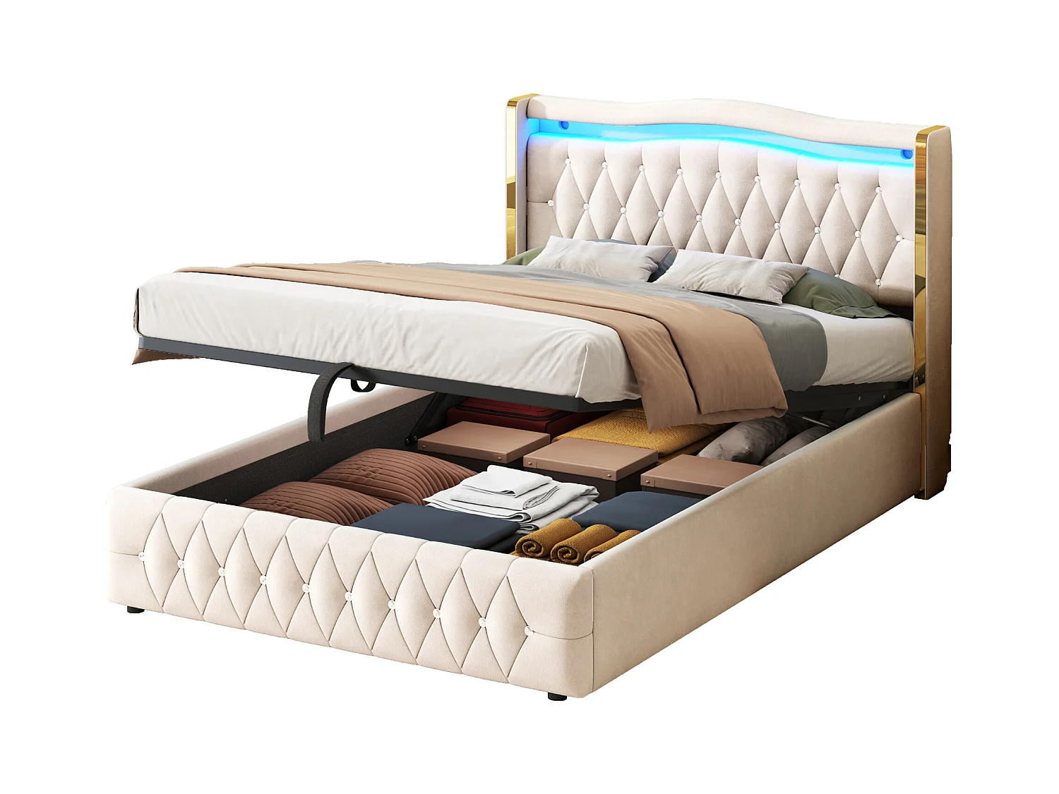 Lit coffre 140x200 cm avec tête de lit décorée de strass et éclairage LED, velours beige - sans matelas