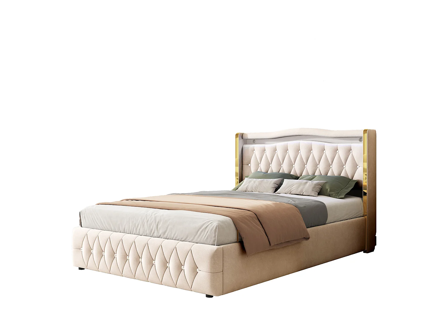 Lit coffre 140x200 cm avec tête de lit décorée de strass et éclairage LED, velours beige - sans matelas