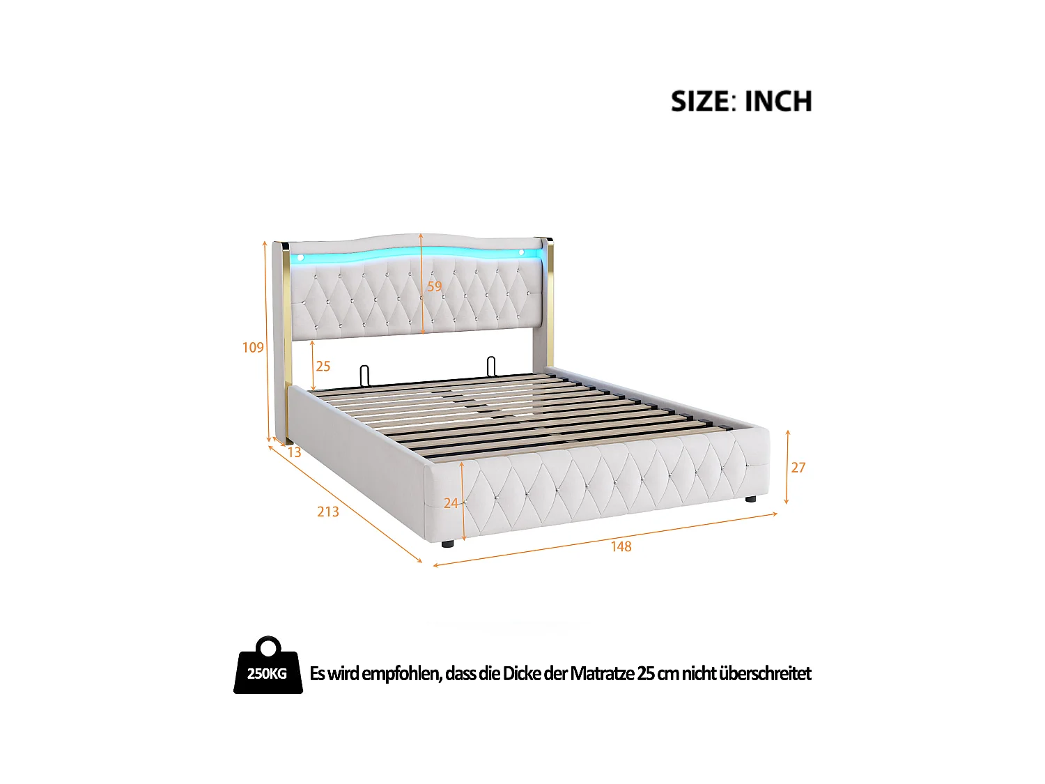 Stauraumbett140x200 cm mit Kopfteil verziert mit Strass und LED-Beleuchtung, Samt Beige - ohne Matratze