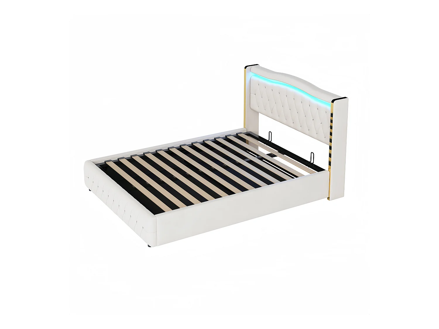 Stauraumbett140x200 cm mit Kopfteil verziert mit Strass und LED-Beleuchtung, Samt Beige - ohne Matratze