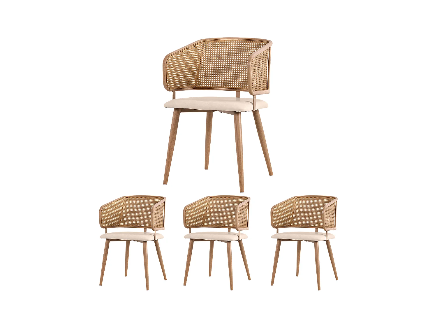 Ensemble de 4 chaises de salle à manger avec dossier en rotin et coussins d'assise en cuir PU, confortables et respirants