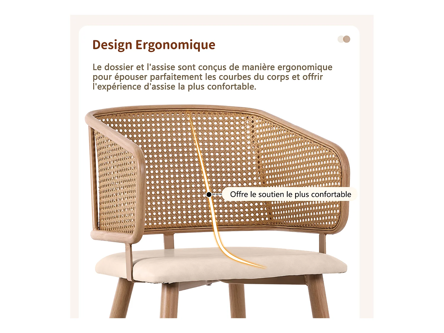 Ensemble de 4 chaises de salle à manger avec dossier en rotin et coussins d'assise en cuir PU, confortables et respirants