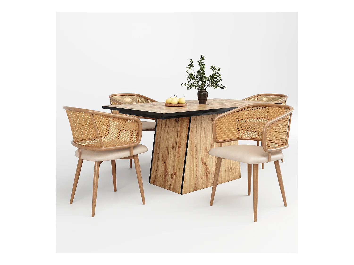 Ensemble de 4 chaises de salle à manger avec dossier en rotin et coussins d'assise en cuir PU, confortables et respirants