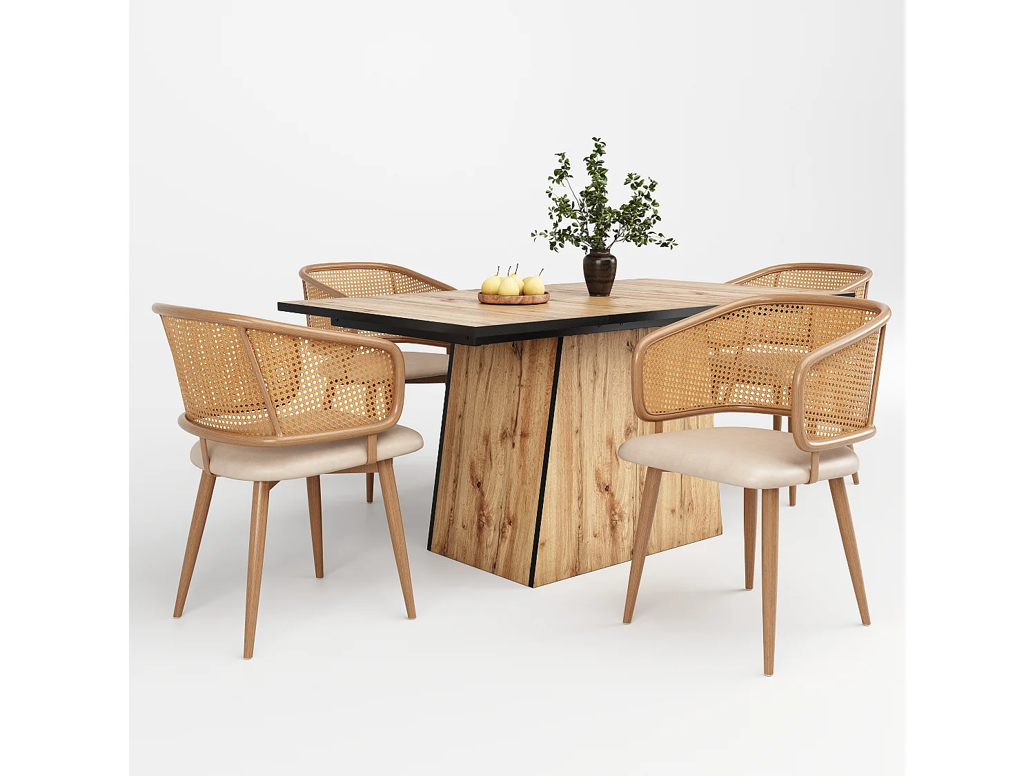 Ensemble de 4 chaises de salle à manger avec dossier en rotin et coussins d'assise en cuir PU, confortables et respirants