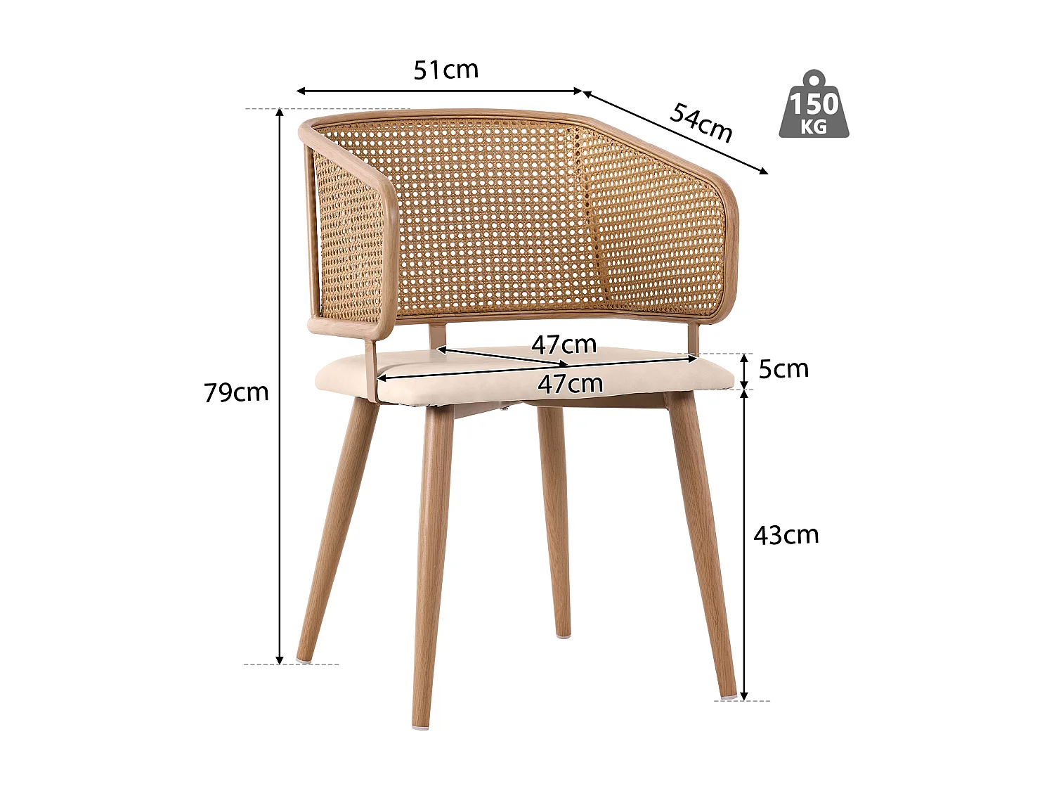 Ensemble de 4 chaises de salle à manger avec dossier en rotin et coussins d'assise en cuir PU, confortables et respirants