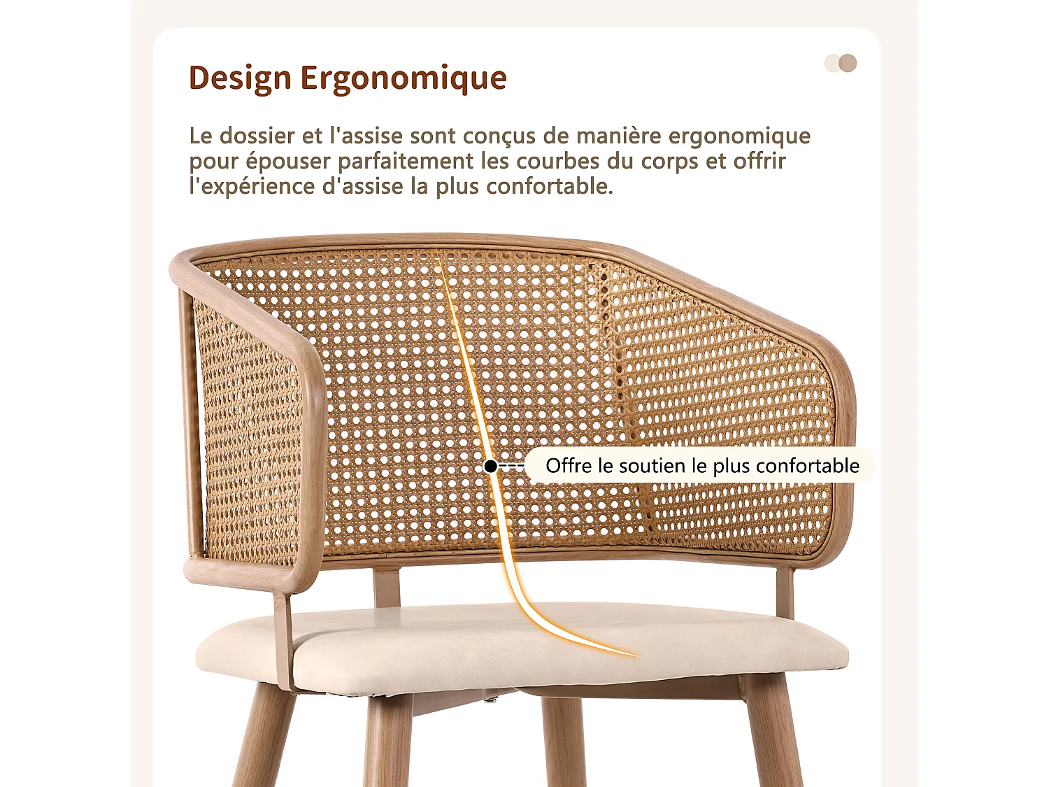 Ensemble de 4 chaises de salle à manger avec dossier en rotin et coussins d'assise en cuir PU, confortables et respirants