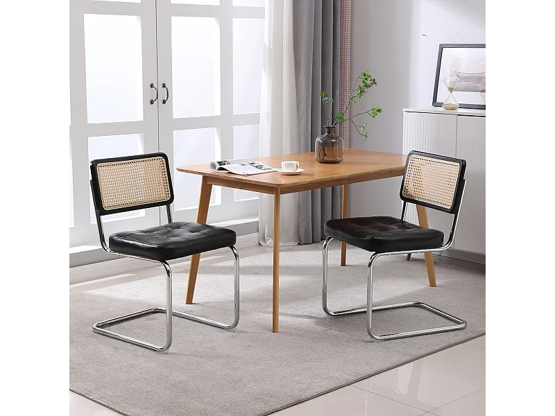 Mittelalterliche moderne Esszimmerstühle 2er-Set, Rattan mit Kunstleder, Mesh Rückenlehne, Metall Chrom Beine, Black