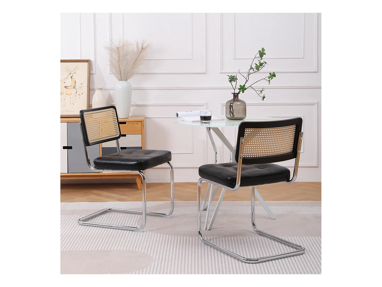 Mittelalterliche moderne Esszimmerstühle 2er-Set, Rattan mit Kunstleder, Mesh Rückenlehne, Metall Chrom Beine, Black