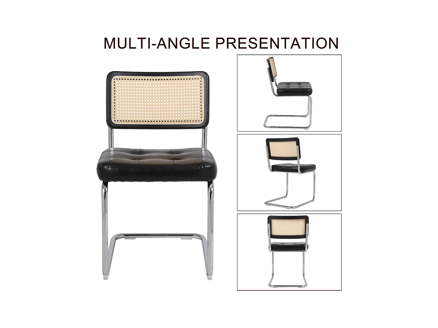 Mittelalterliche moderne Esszimmerstühle 2er-Set, Rattan mit Kunstleder, Mesh Rückenlehne, Metall Chrom Beine, Black