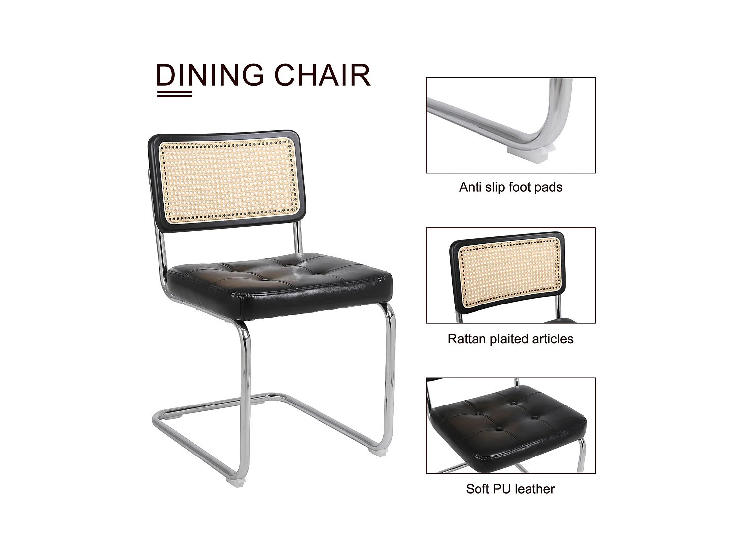 Mittelalterliche moderne Esszimmerstühle 2er-Set, Rattan mit Kunstleder, Mesh Rückenlehne, Metall Chrom Beine, Black