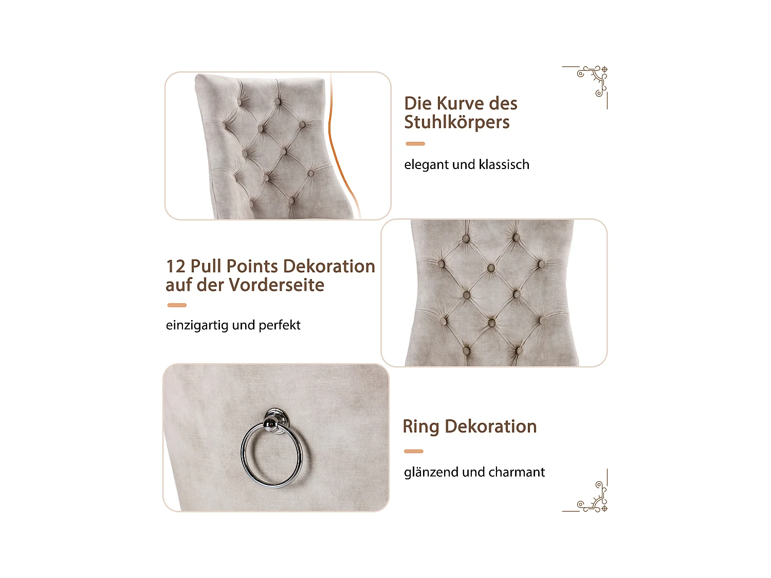 Lot de 2 chaises de salle à manger, velours beige clair, dossier haut, avec surpiqûres boutonnées, structure en bois massif