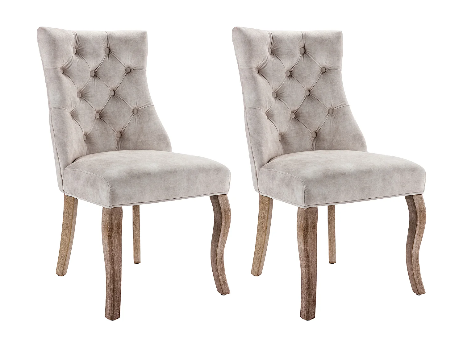 Lot de 2 chaises de salle à manger, velours beige clair, dossier haut, avec surpiqûres boutonnées, structure en bois massif